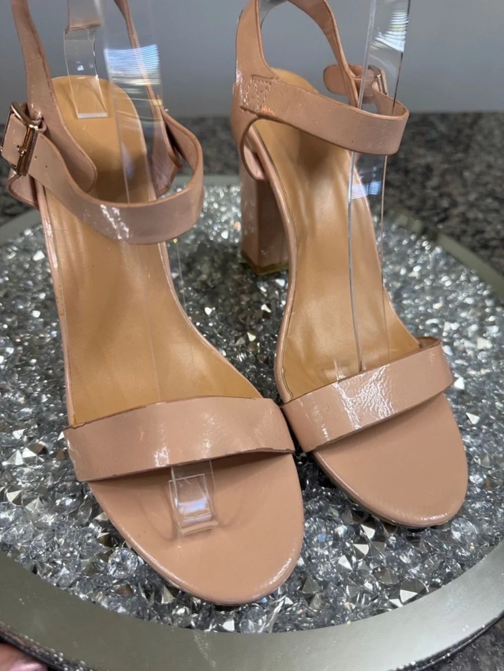 BAMBOO Nude Patent Block Heel Sandals 11
